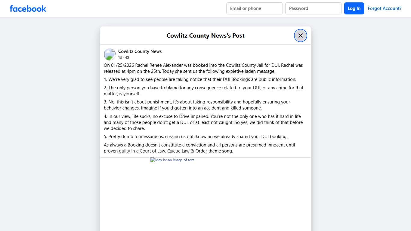 On 01/25/2026 Rachel Renee Alexander... - Cowlitz County News Facebook