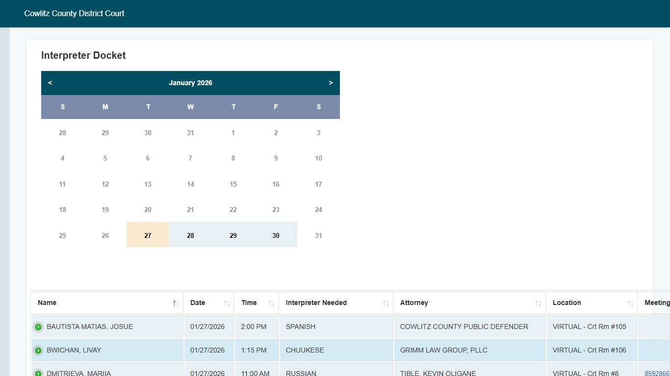 Interpreter Docket - Cowlitz County District Court