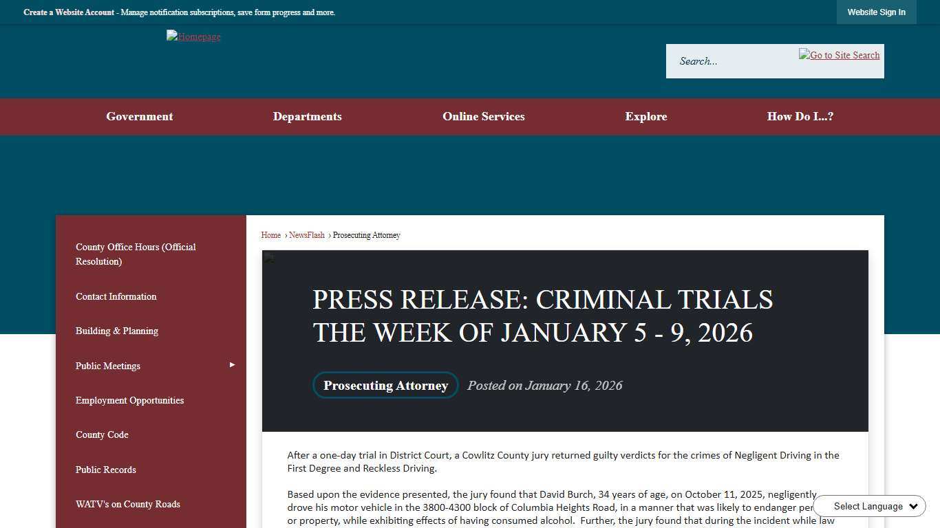 PRESS RELEASE: CRIMINAL TRIALS THE WEEK OF JANUARY 5 - 9, 2026 • Cowlitz County, WA